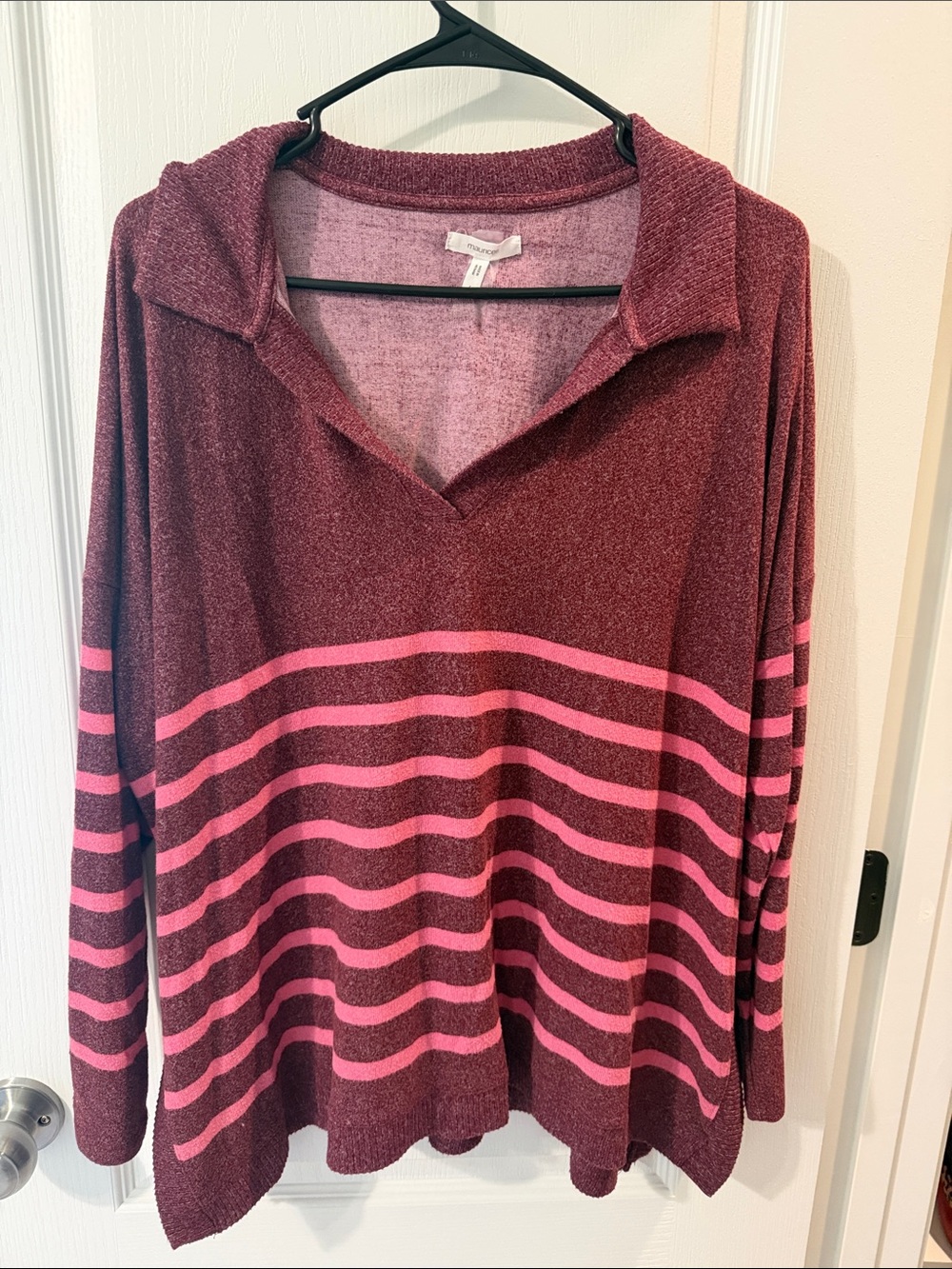 Maurices Burgundy and Pink Striped Long Sleeve Hoodie Tee